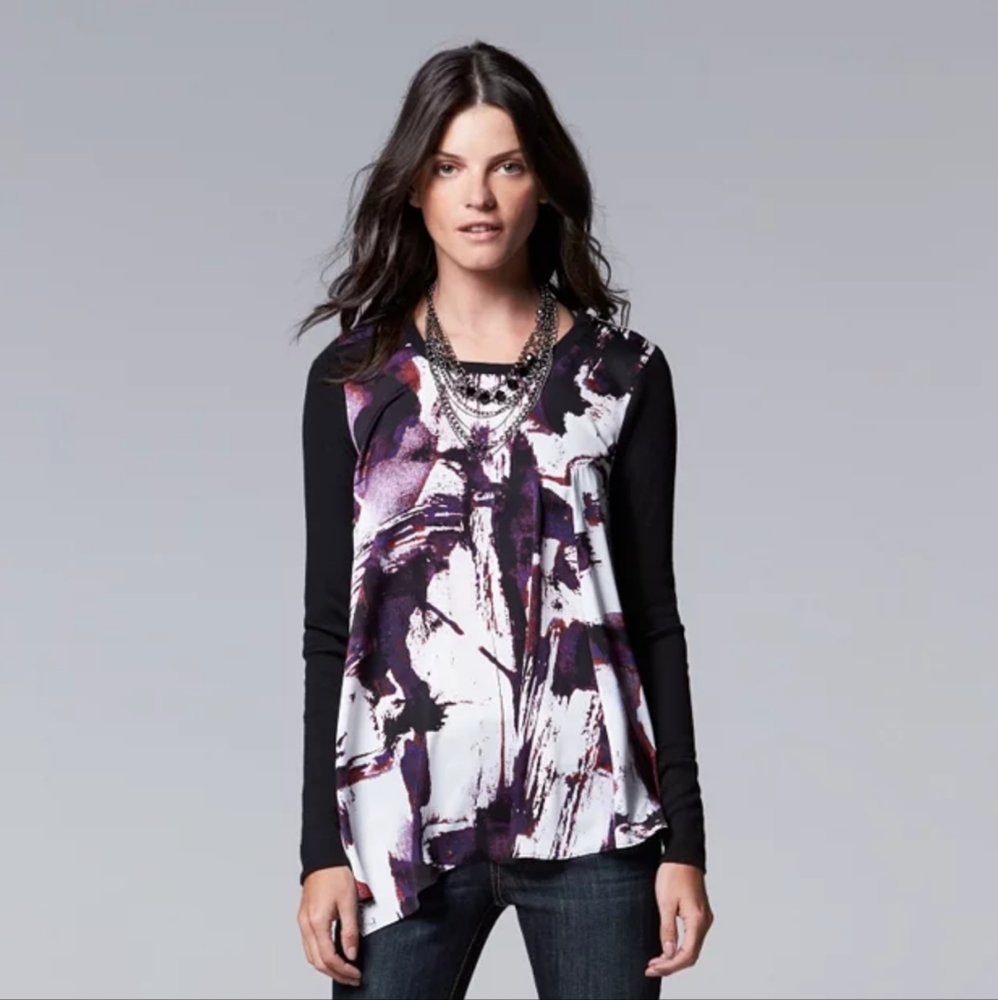 Simply Vera Vera Wang Abstract Print Asymmetrical Long Sleeve Top - Size M